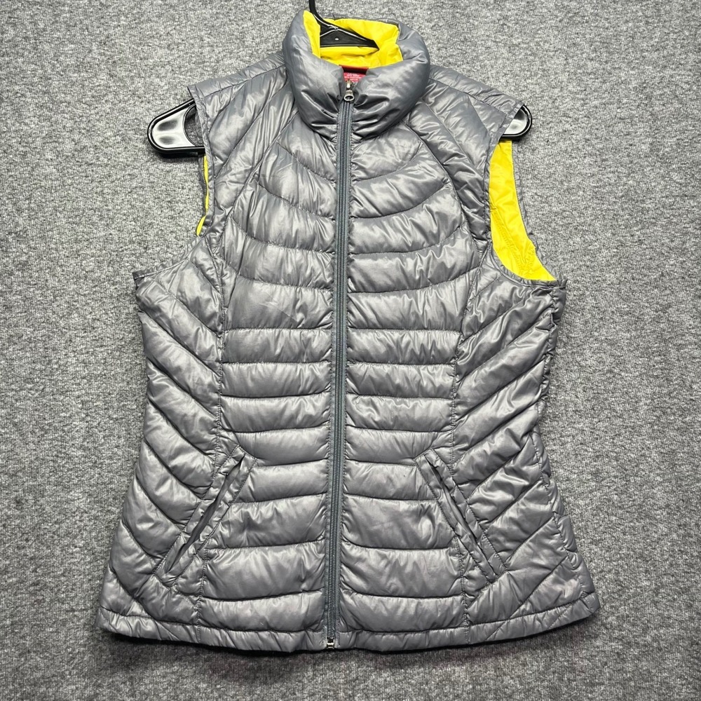 Merona Puffer Vest Women Small Gray Down Filled Quilted Full Zip Yellow Lining